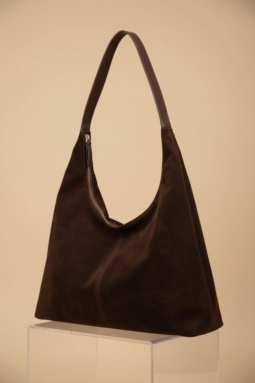 Front view of Jusavie's trendy crescent suede shoulder bag highlighting its texture and zipper detail.