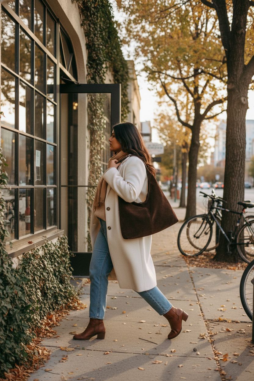 Dark brown crescent suede shoulder bag by Jusavie, stylishly worn while stepping out of a café.