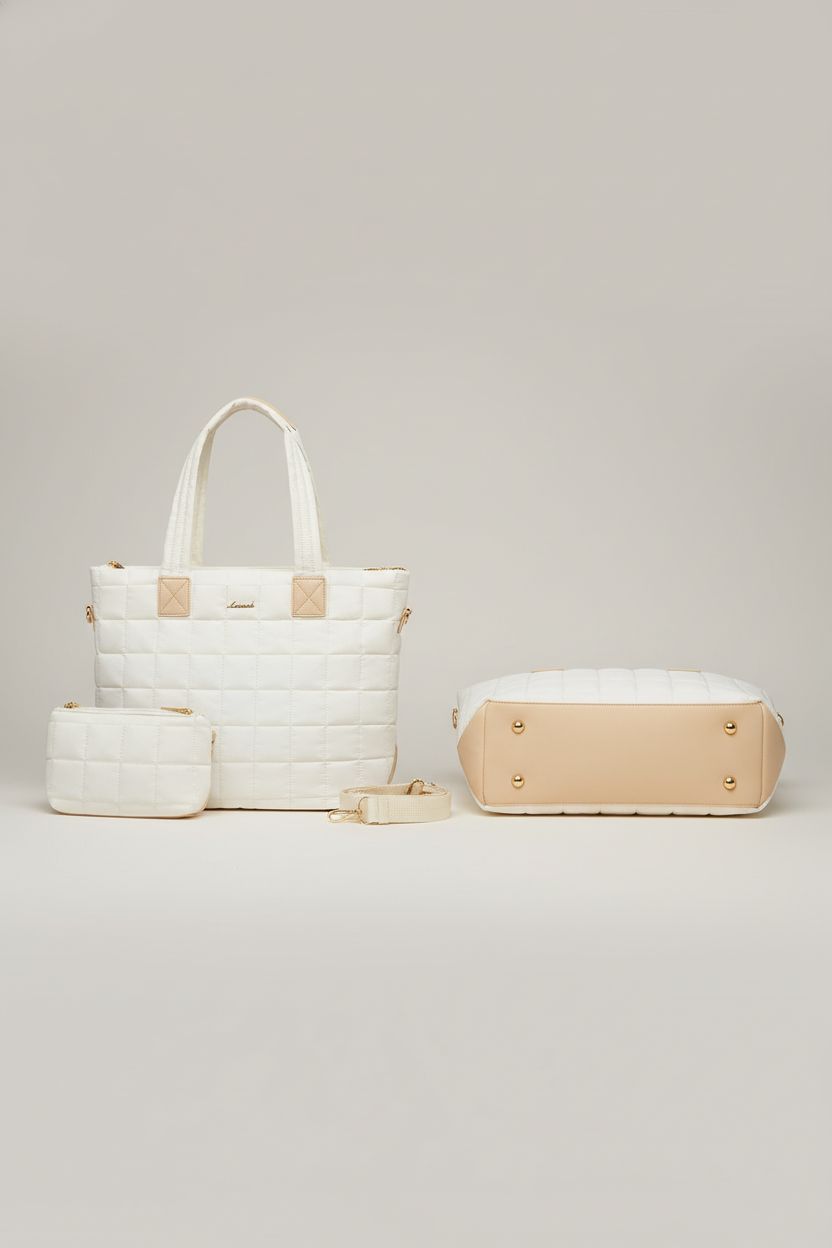 LOVEVOOK beige puffer tote bag displayed with pouch, showcasing its stylish design and quality.