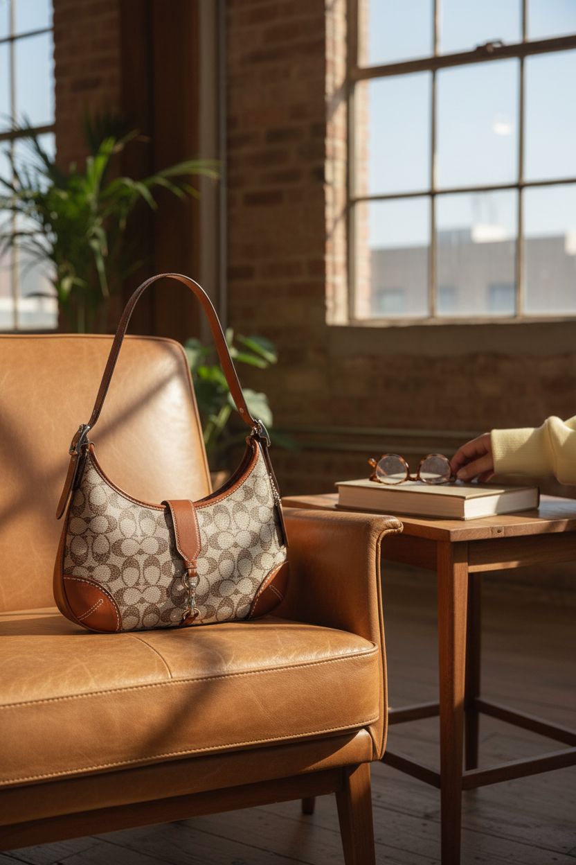 COACH The Originals Crystal Signature Jacquard Hamptons Hobo bag resting on a leather chair in a cozy reading nook, exuding warmth and style.