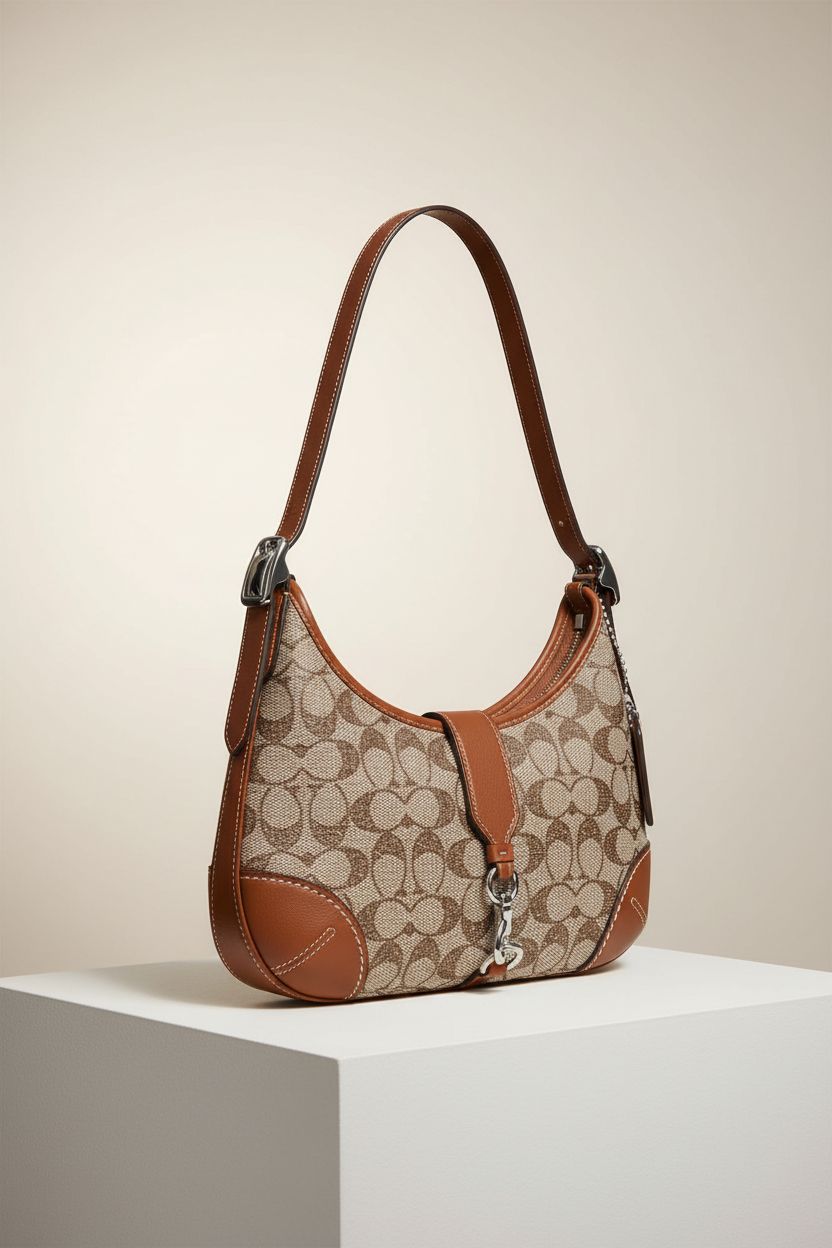 COACH The Originals Crystal Signature Jacquard Hamptons Hobo bag centered on a clean pedestal, showcasing its stunning jacquard texture.
