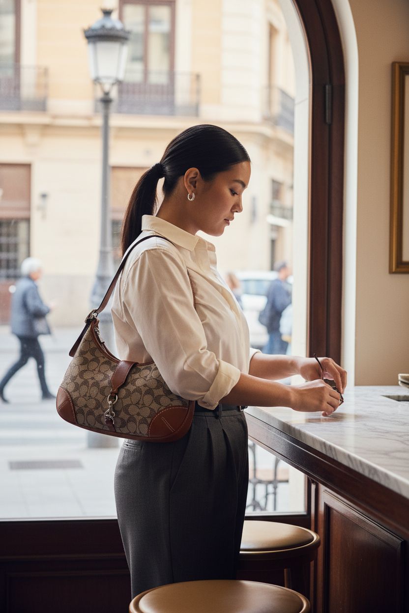 COACH The Originals Crystal Signature Jacquard Hamptons Hobo bag displayed at a café bar, showcasing its stylish design.