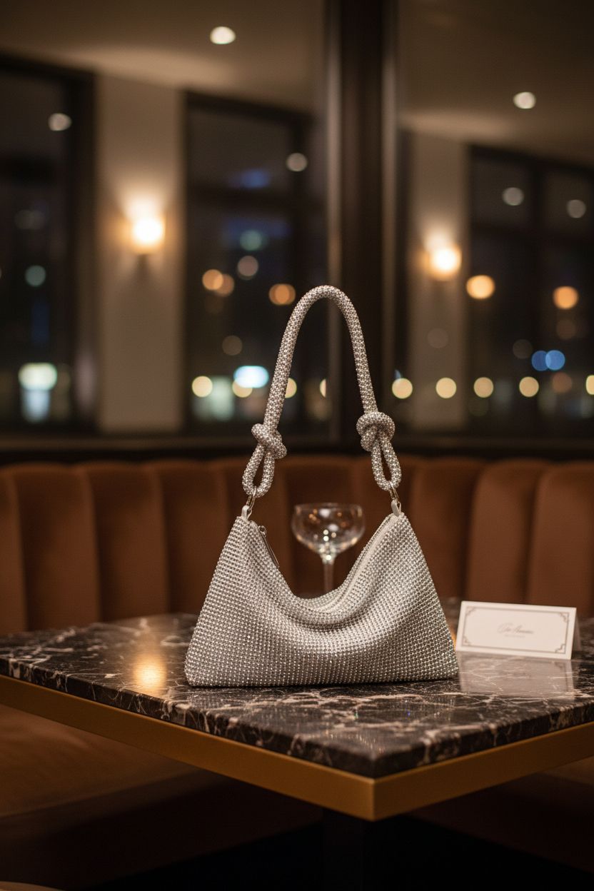 YUWITA silver evening bag resting on a marble table in a boutique hotel, perfect for classy nights.