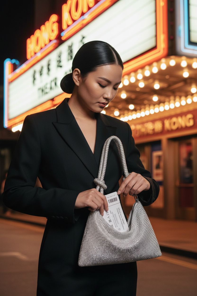 YUWITA silver evening bag with rhinestones, showcased under a theater marquee, perfect for events.