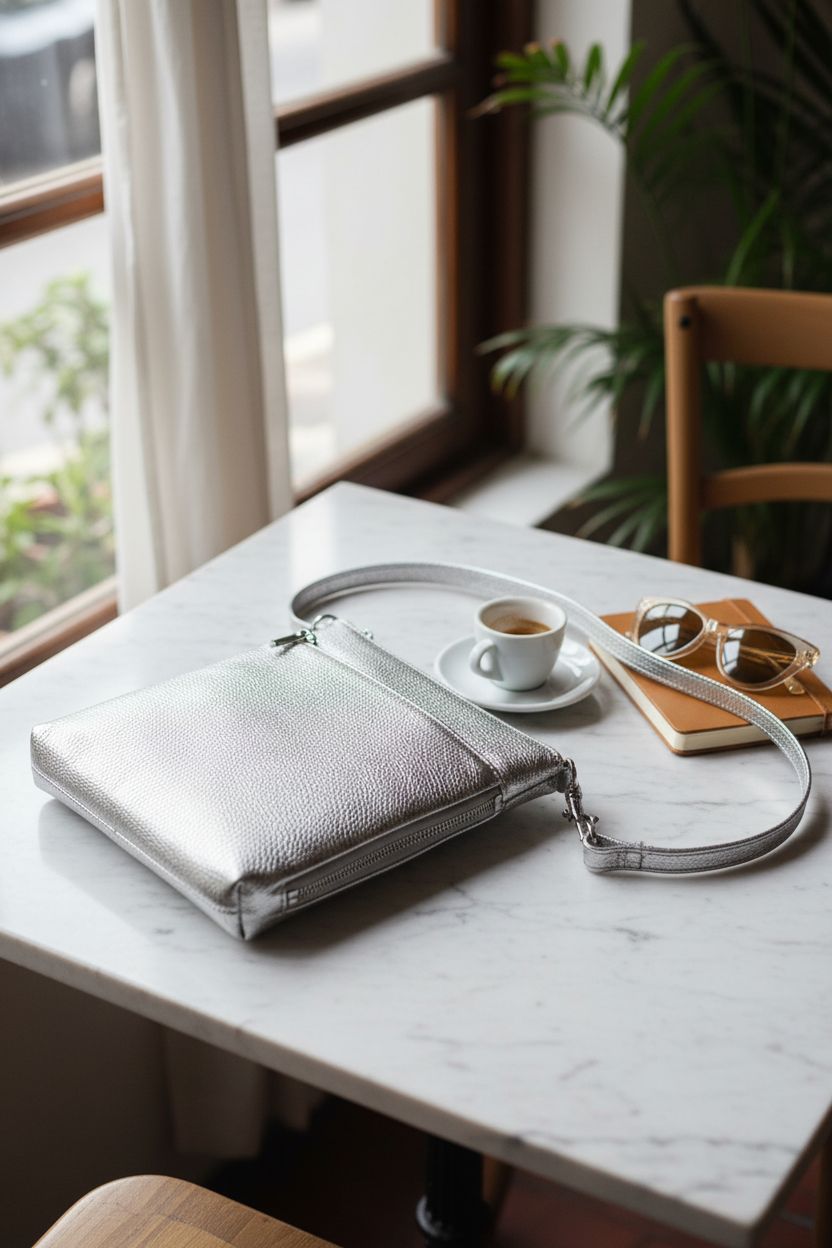 Befen silver crossbody resting on a marble table in a cozy café, next to espresso and journal.