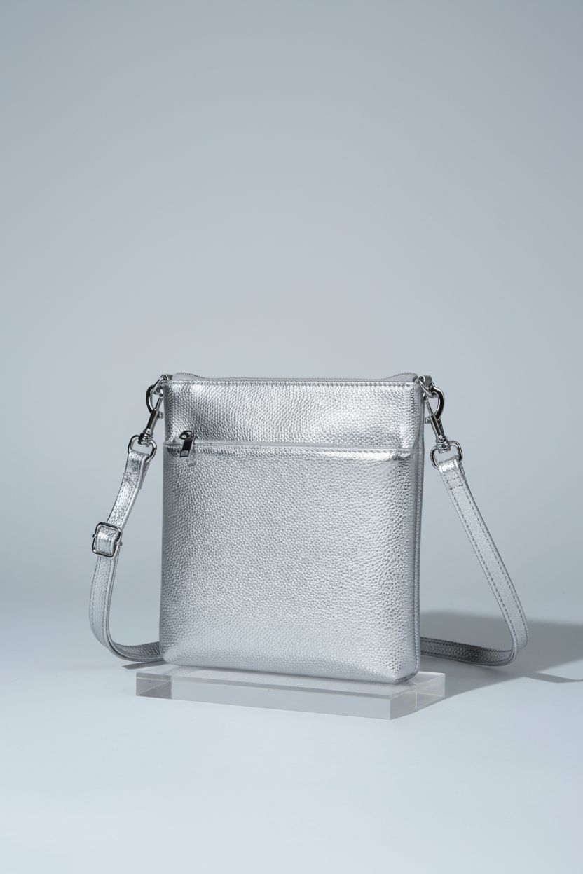 Befen silver crossbody bag on a light-gray backdrop, showcasing its sleek design and structure.