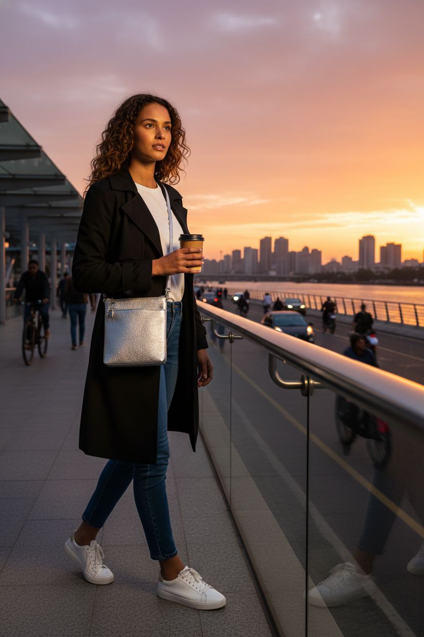 Befen silver genuine leather crossbody bag on a modern riverside promenade at sunset.