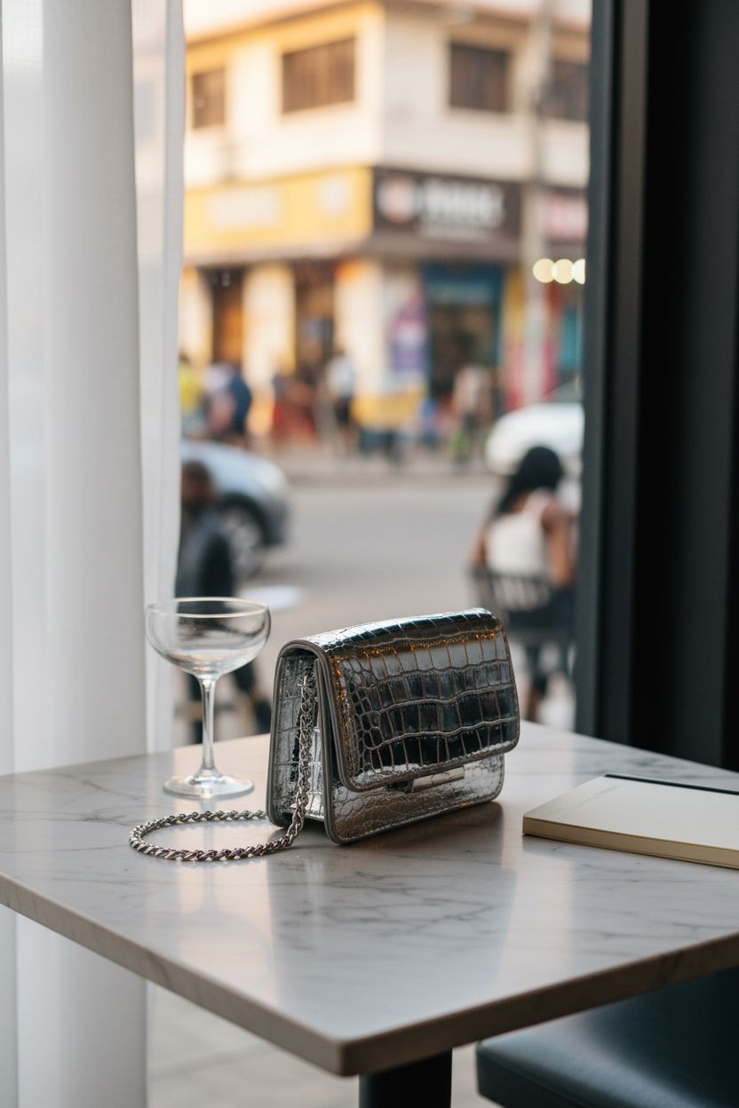 NovaKnot silver metallic purse on marble table beside a coupe glass in a café.