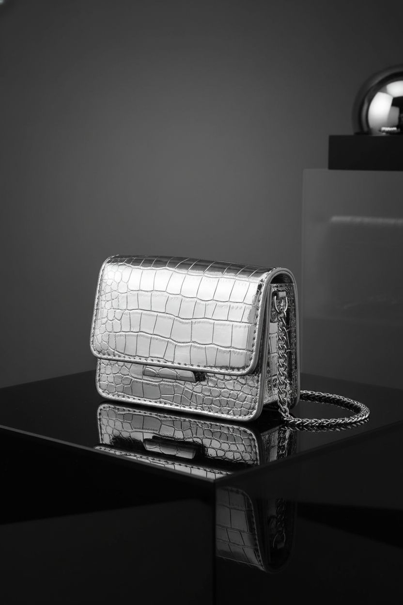 NovaKnot silver mini purse on a glossy surface highlighting its chic design.