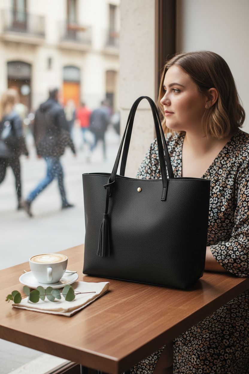 Dreubea Women's Soft Faux Leather Tote beside a latte in a cozy café, showcasing elegance.