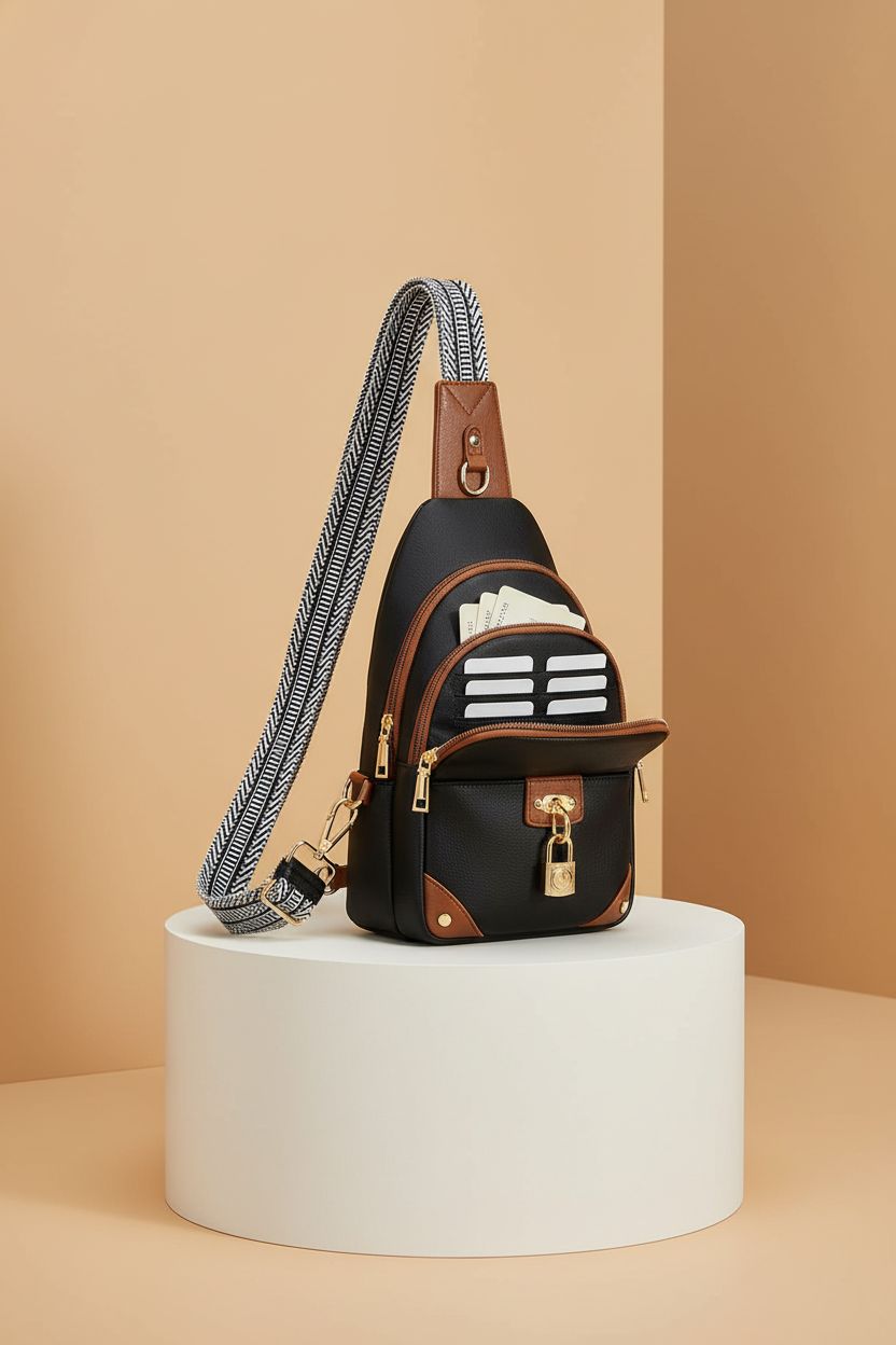 Detailed view of SYTRAH RFID Sling Bag showcasing organized interior and sleek design.