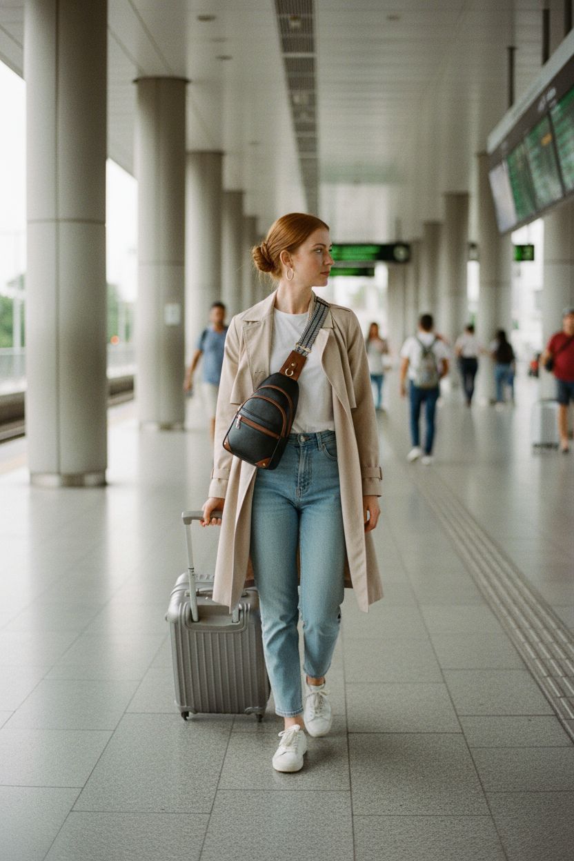 SYTRAH RFID Sling Bag in black with brown trim, perfect for travelers at a train station.