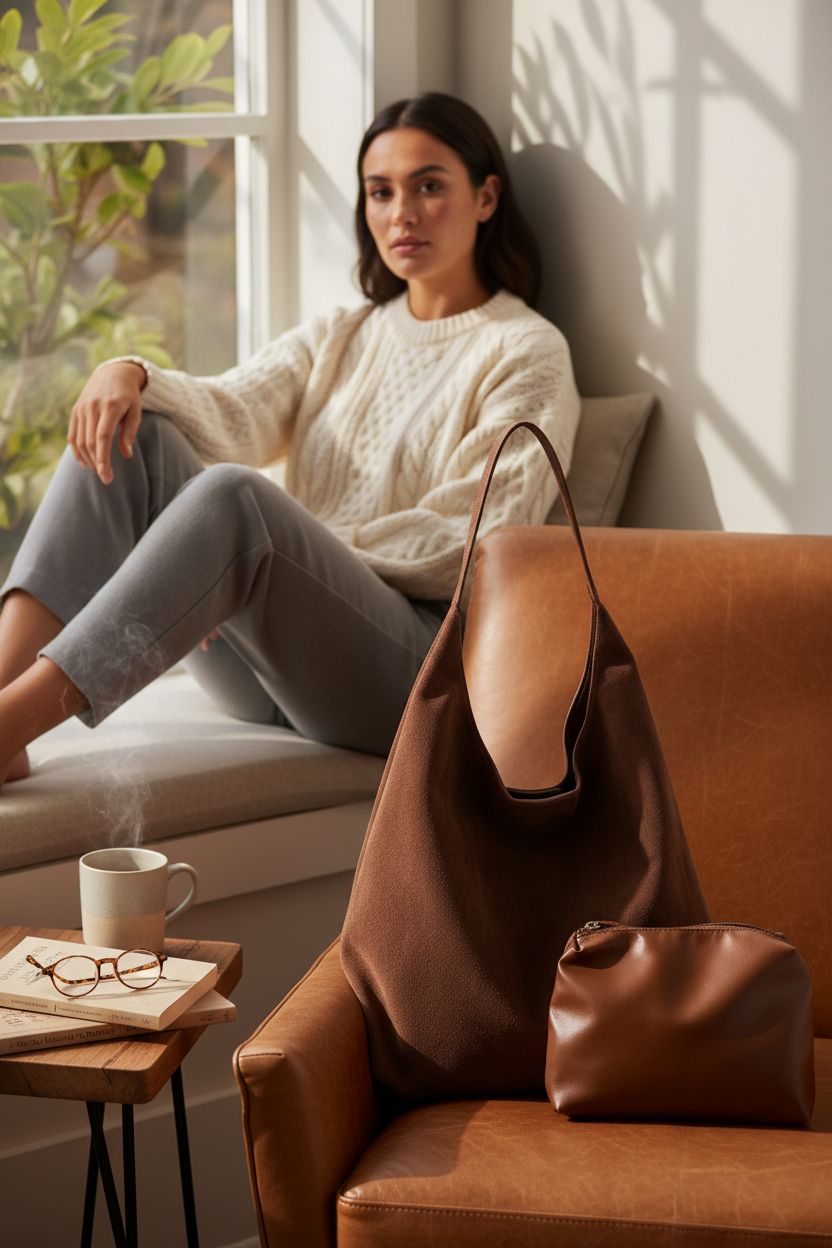 Lramkuy brown suede tote bag resting on a leather chair in a cozy reading nook.