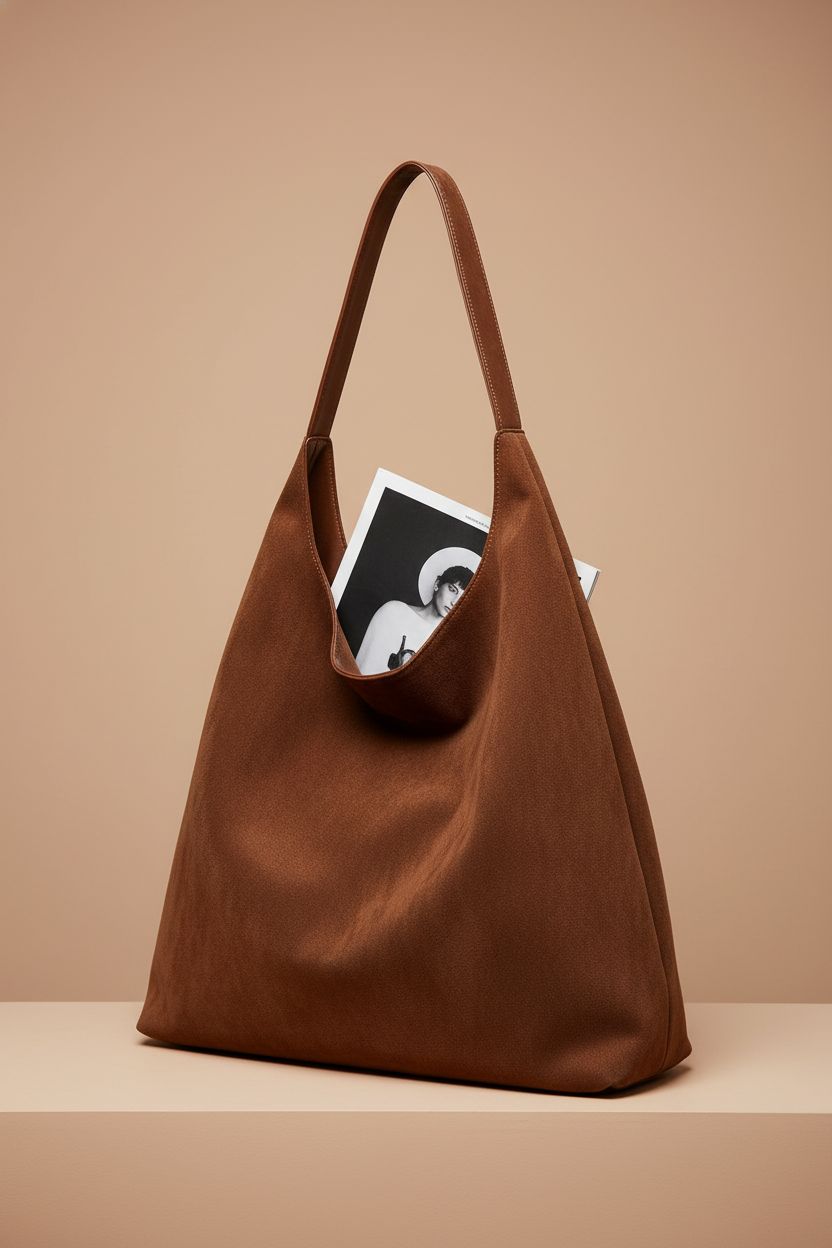 Lramkuy brown suede tote bag showcasing its capacity with an A4 magazine.