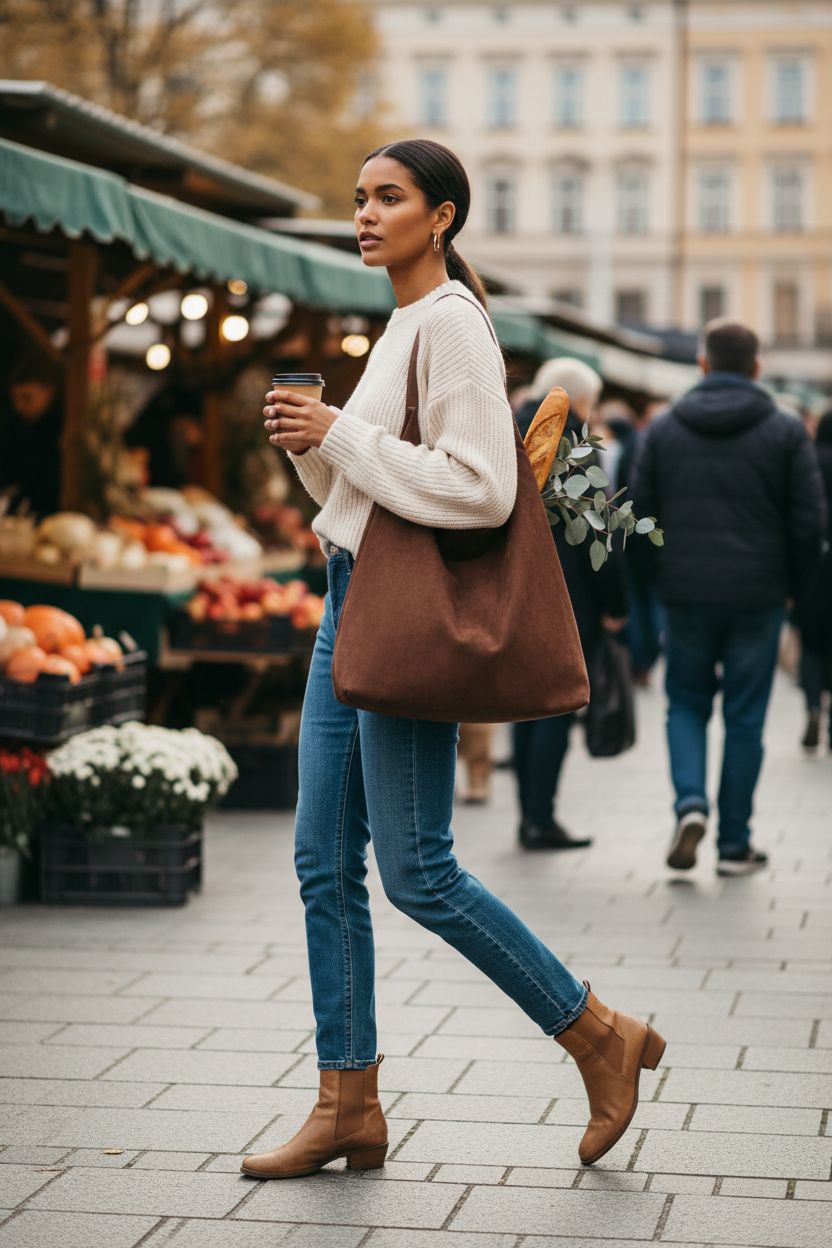 Lramkuy brown suede tote bag at a farmers' market, holding eucalyptus and a baguette.