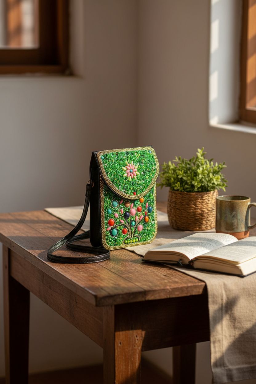 Ayuoejik tree-green beaded purse on a rustic table with a calm home setting, emphasizing its craftsmanship.