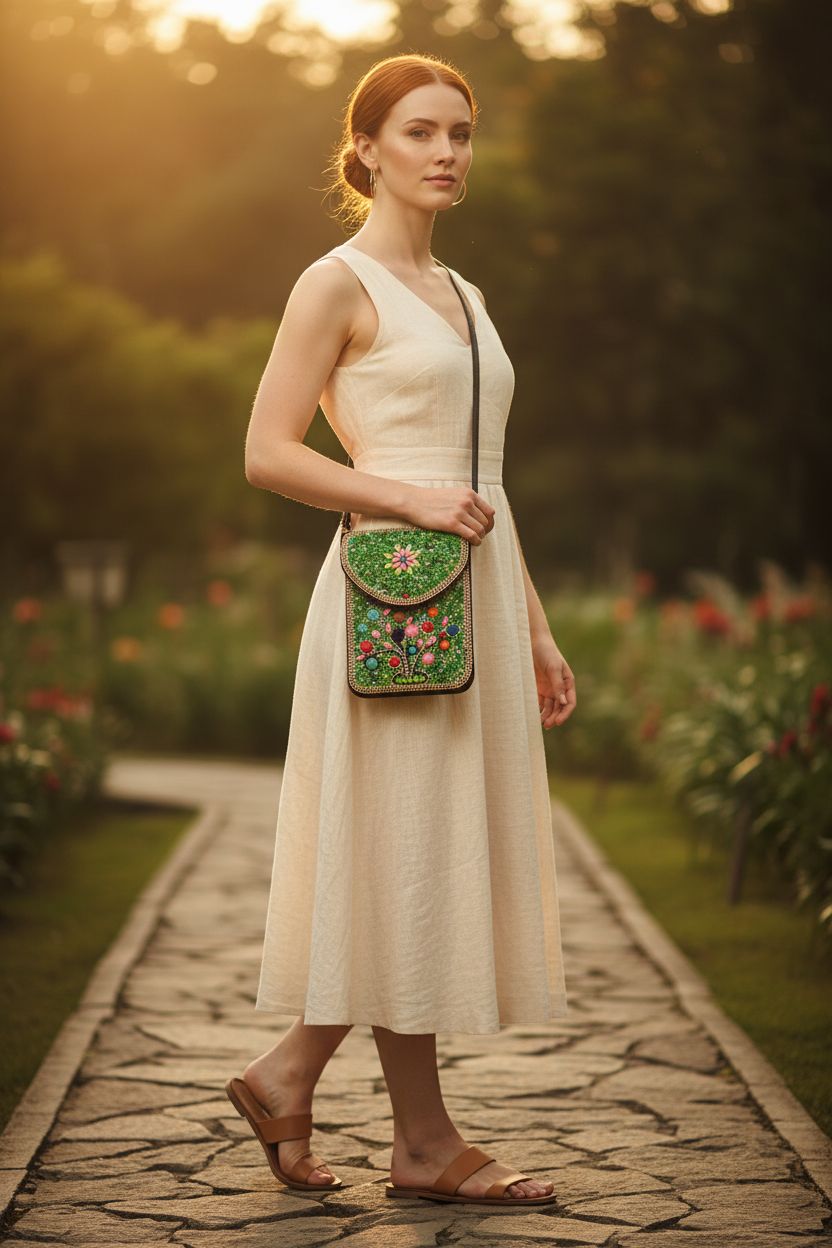 Ayuoejik small beaded crossbody bag in tree-green, styled in a botanical garden, showcasing handmade details.
