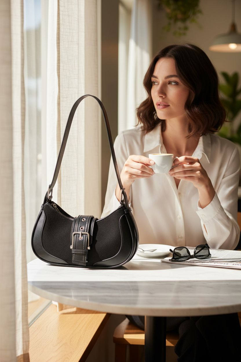 Glamzlele black crescent bag on a café table with espresso and sunglasses.