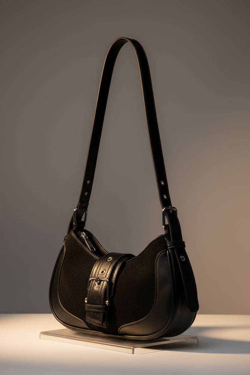 Glamzlele small black purse showcasing vegan leather details on display.