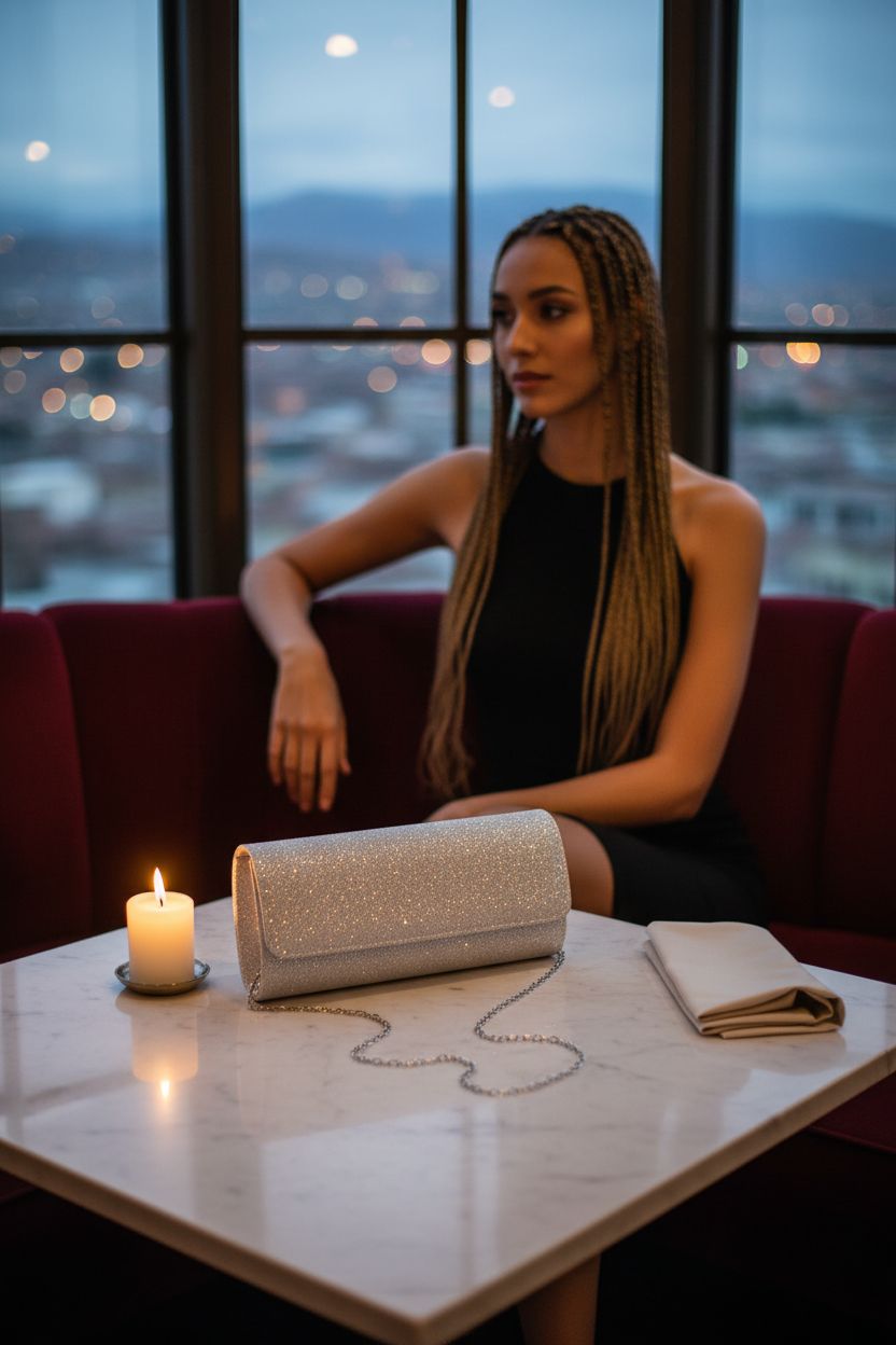 Sophisticated lovyoCoCo evening clutch resting on a table, perfect for intimate settings.