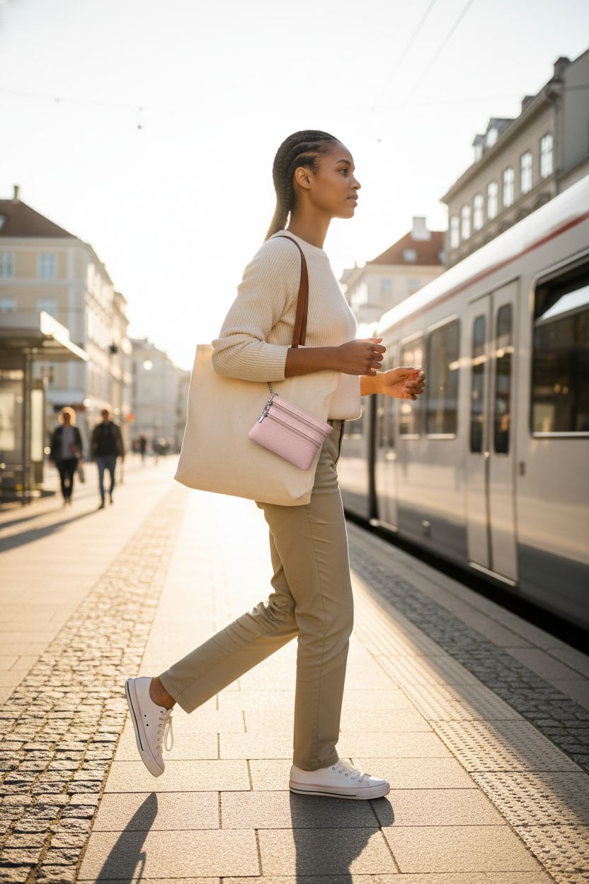 Pink keychain coin purse from Hongliang swinging from a tote bag, ideal for organization during commutes.
