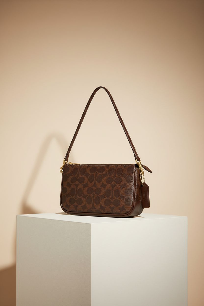 Front view of Coach Plaza Bag showcasing its elegant design and gold-tone hardware on a pedestal