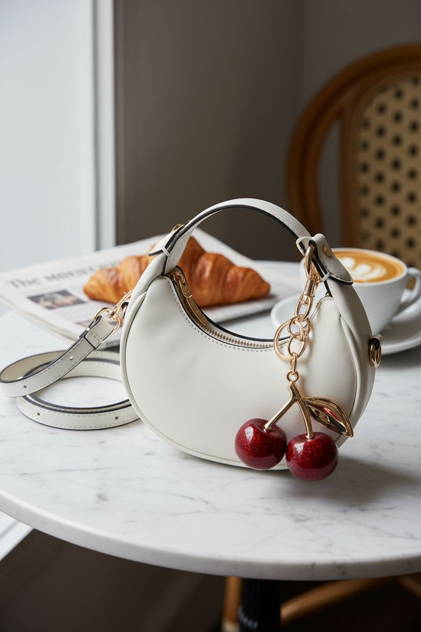 Elegant still life featuring JQWSVE white crescent bag, latte, and croissant