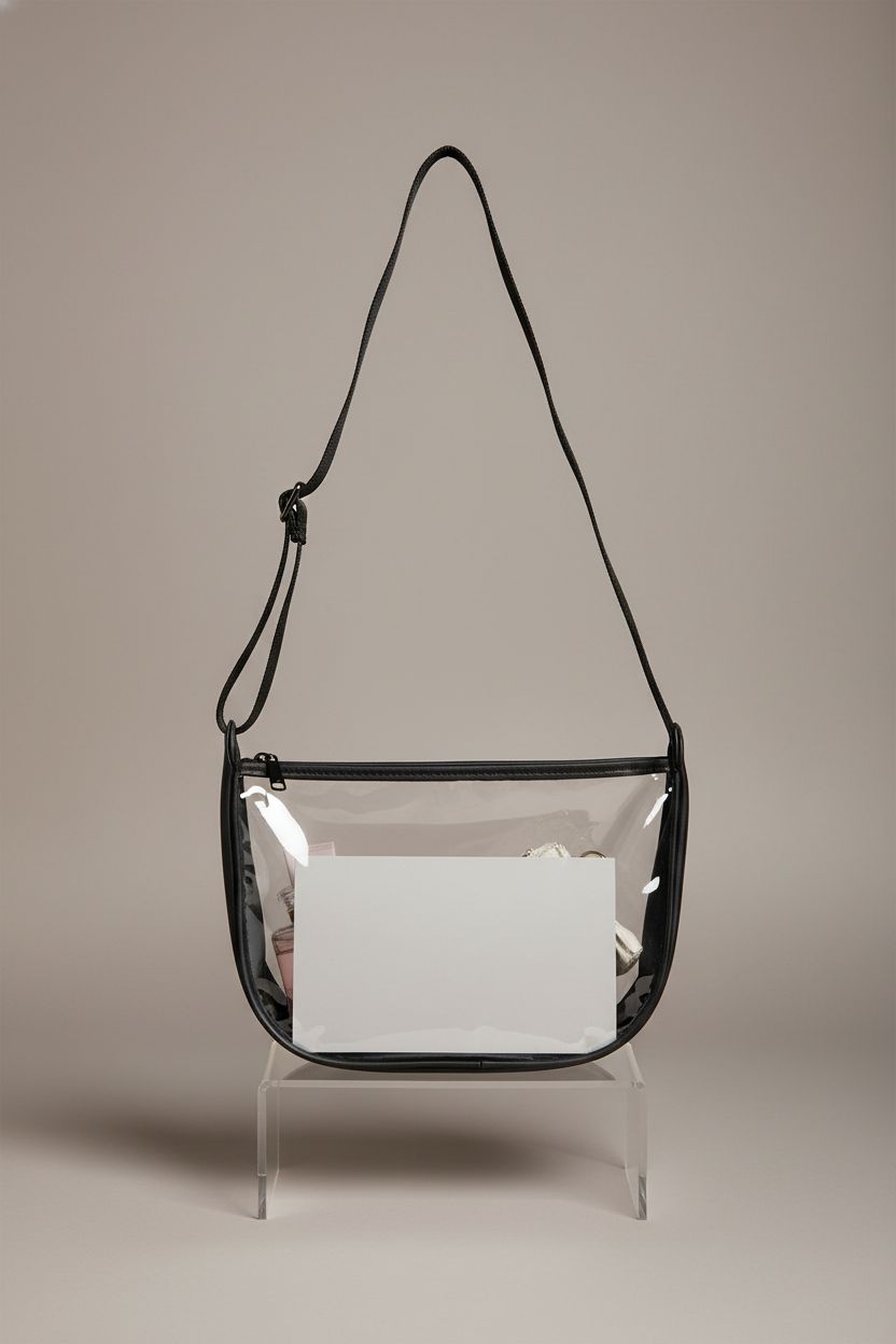 MINKARS clear crescent handbag on display, highlighting its sleek design and quality craftsmanship.