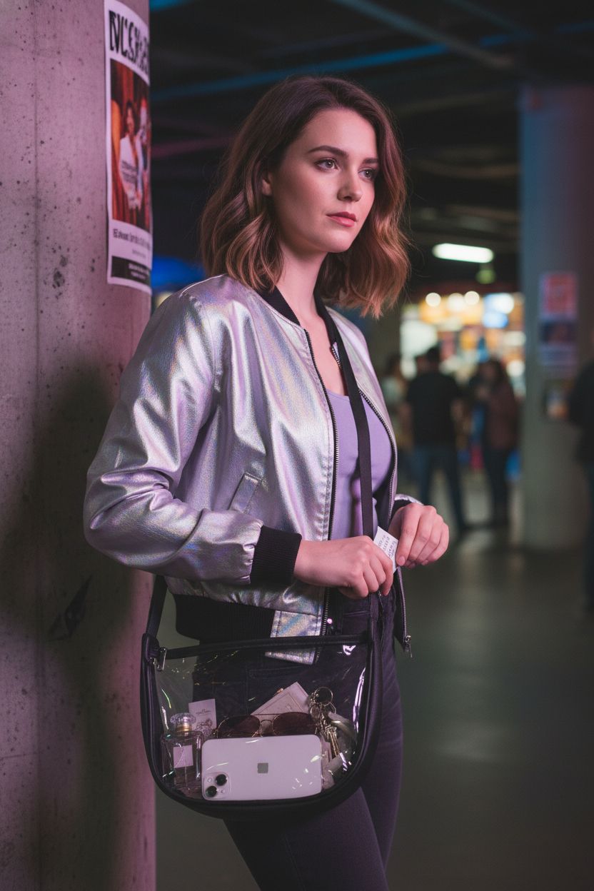 MINKARS clear crescent purse showcased at concert venue, emphasizing style and transparency.