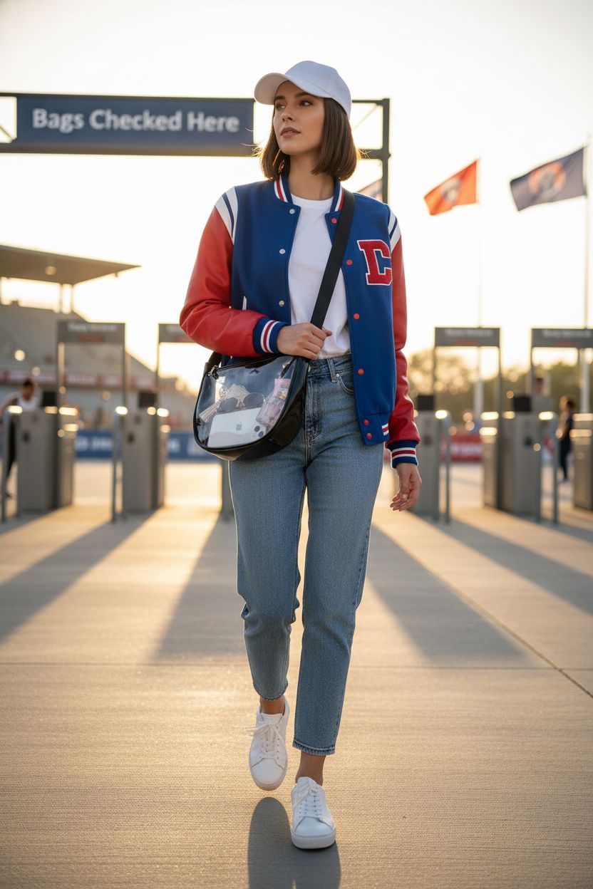 MINKARS clear crescent bag on the go, perfect for stadium events with visible contents.