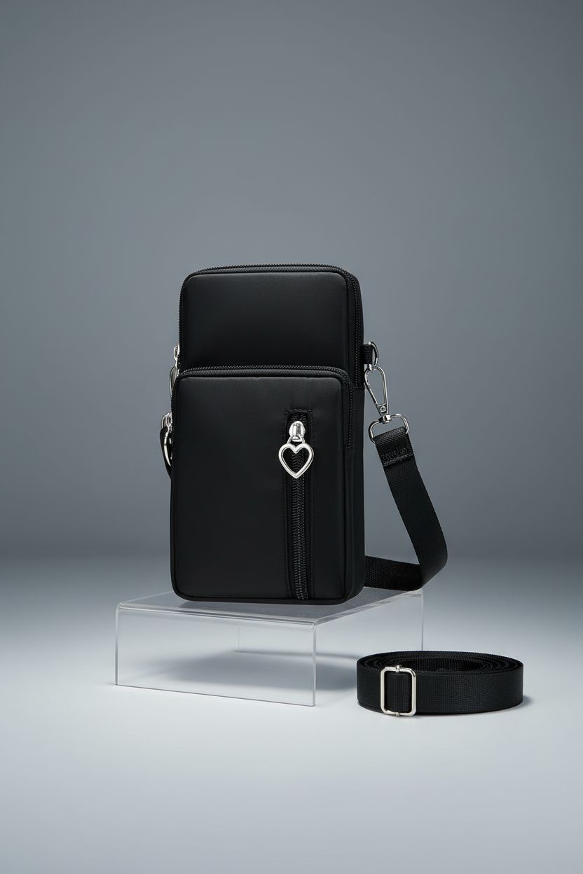 Front view of JANKS small crossbody bag on an acrylic riser, highlighting design