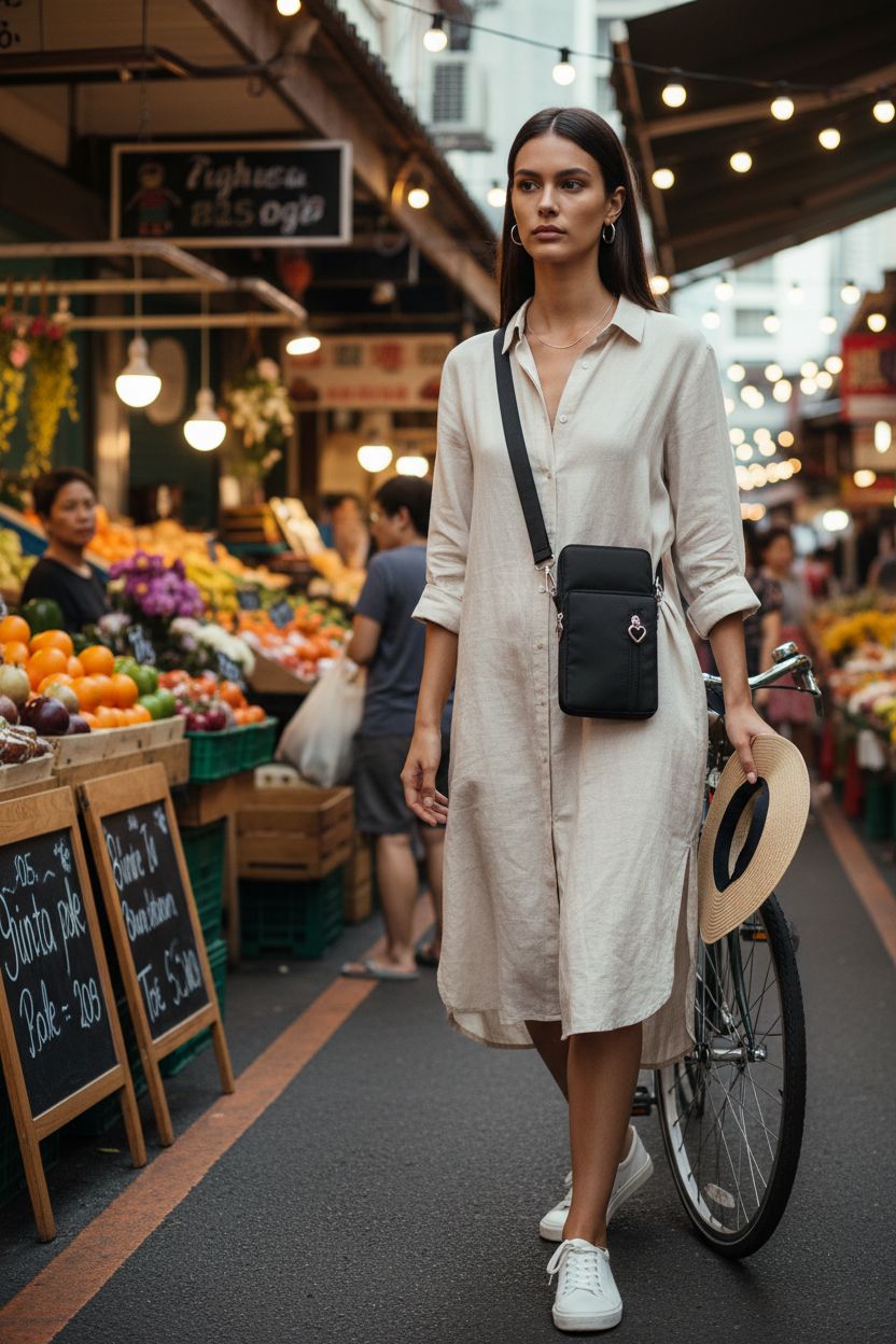 JANKS small crossbody bag in black nylon worn hands-free at a city market