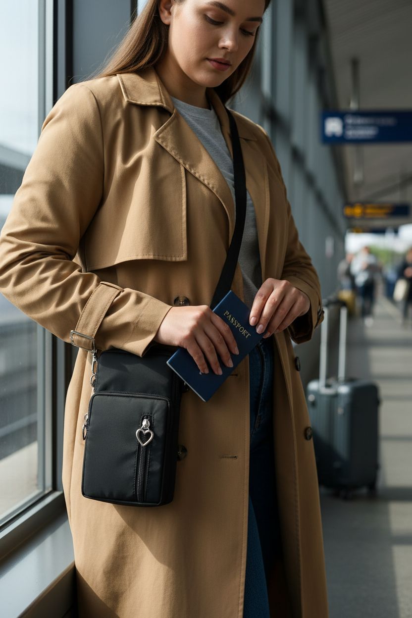 JANKS small crossbody bag in black nylon at a train station, highlighting pockets