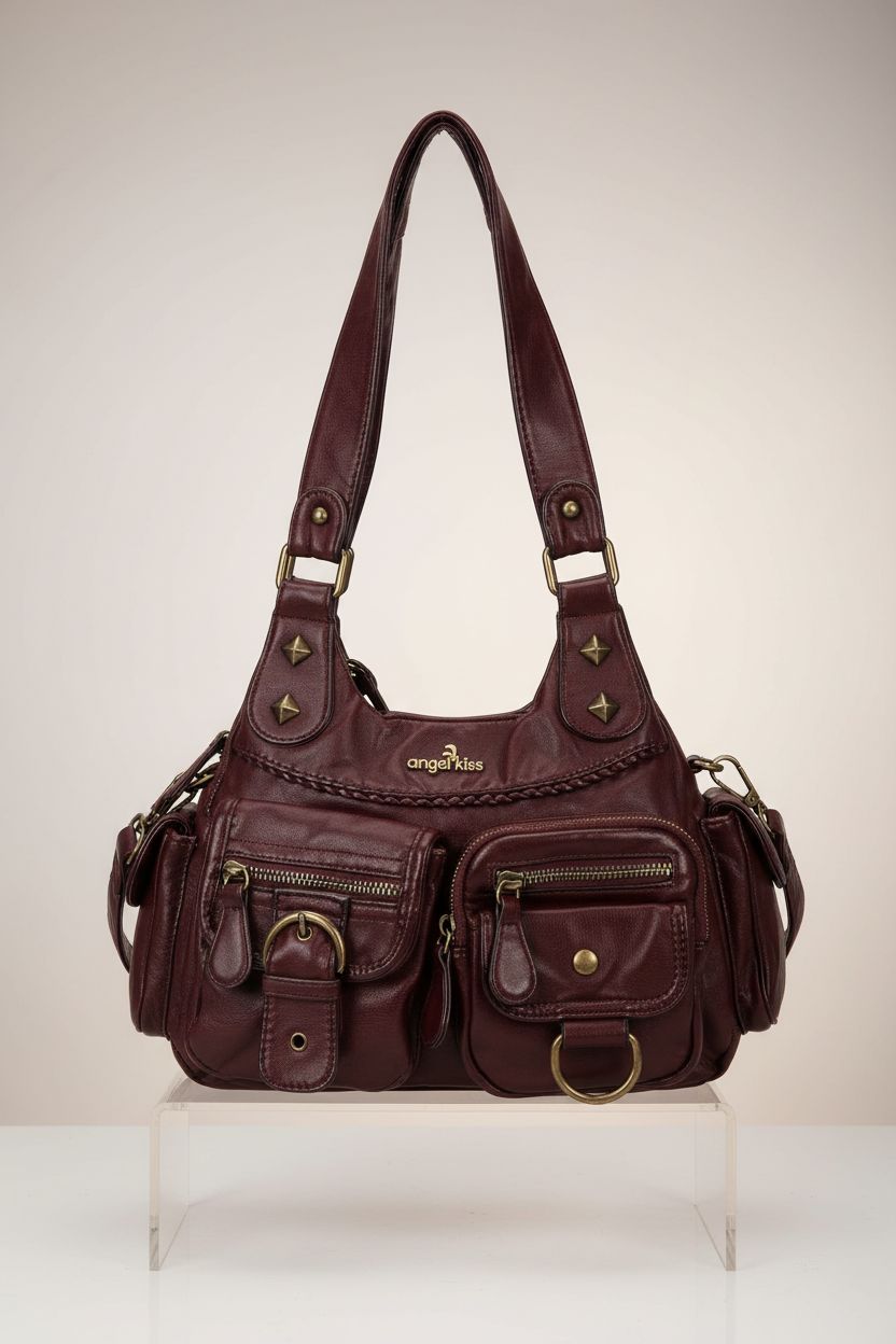 Product shot of Angel Kiss small purse on acrylic riser, highlighting craftsmanship and design.