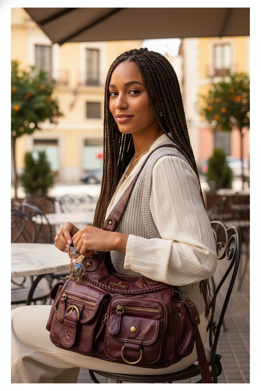 Angel Kiss small purse in vegan leather, showing front pocket and shoulder strap detail.