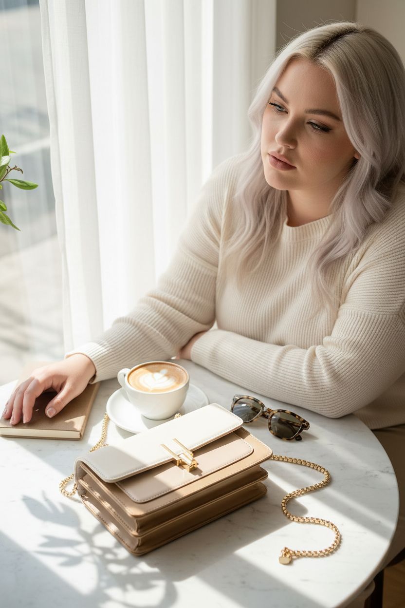 TOP BAND faux leather crossbody bag elegantly placed on a marble table, creating a chic café vibe.