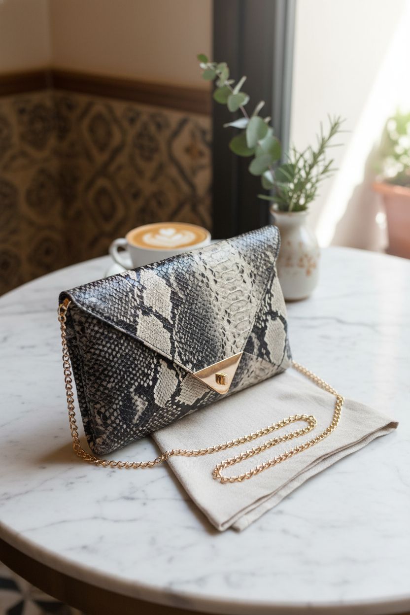 Newfancy snakeskin purse resting on a marble table with a latte and greenery.