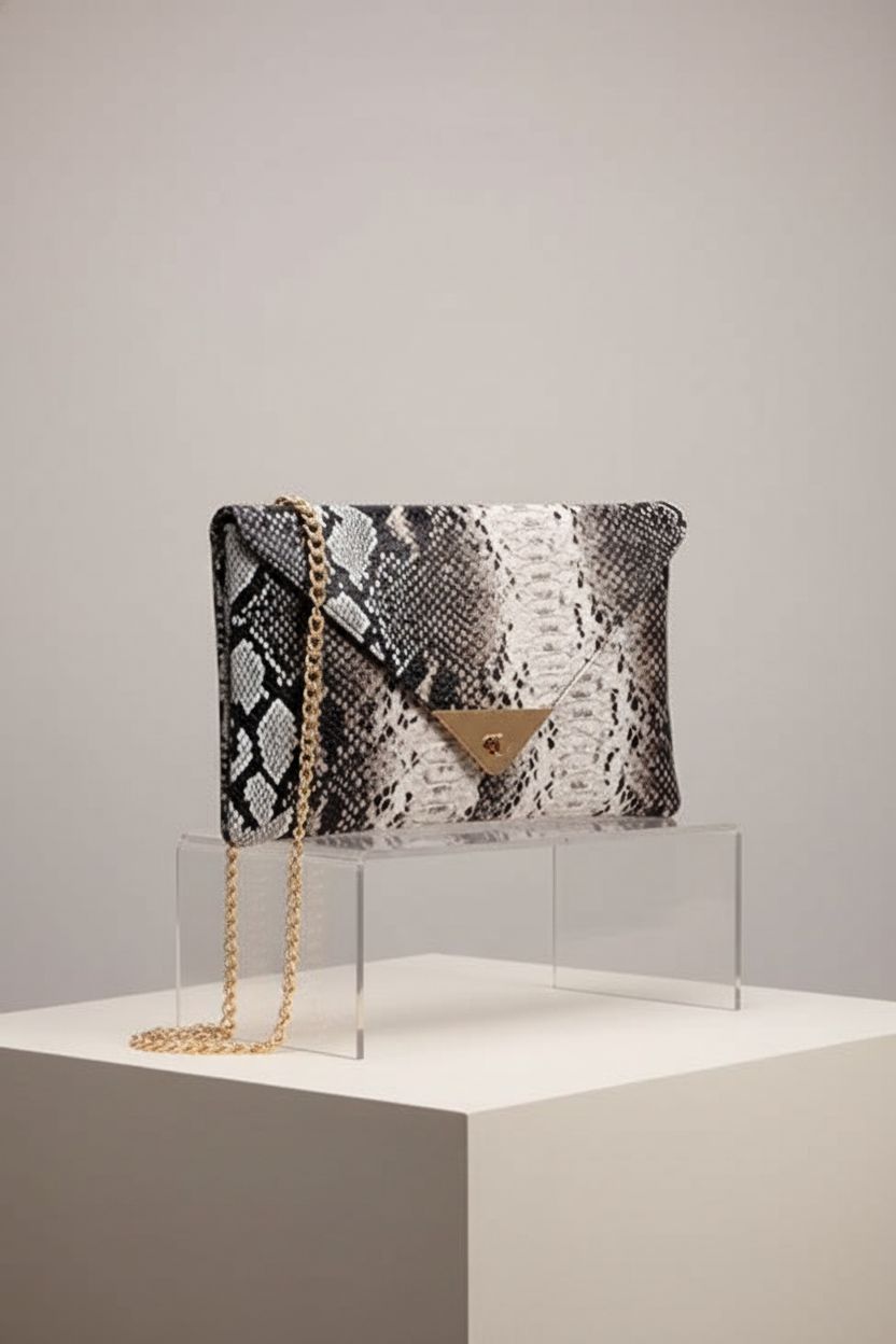 Newfancy snakeskin envelope clutch bag showcased with elegant details.