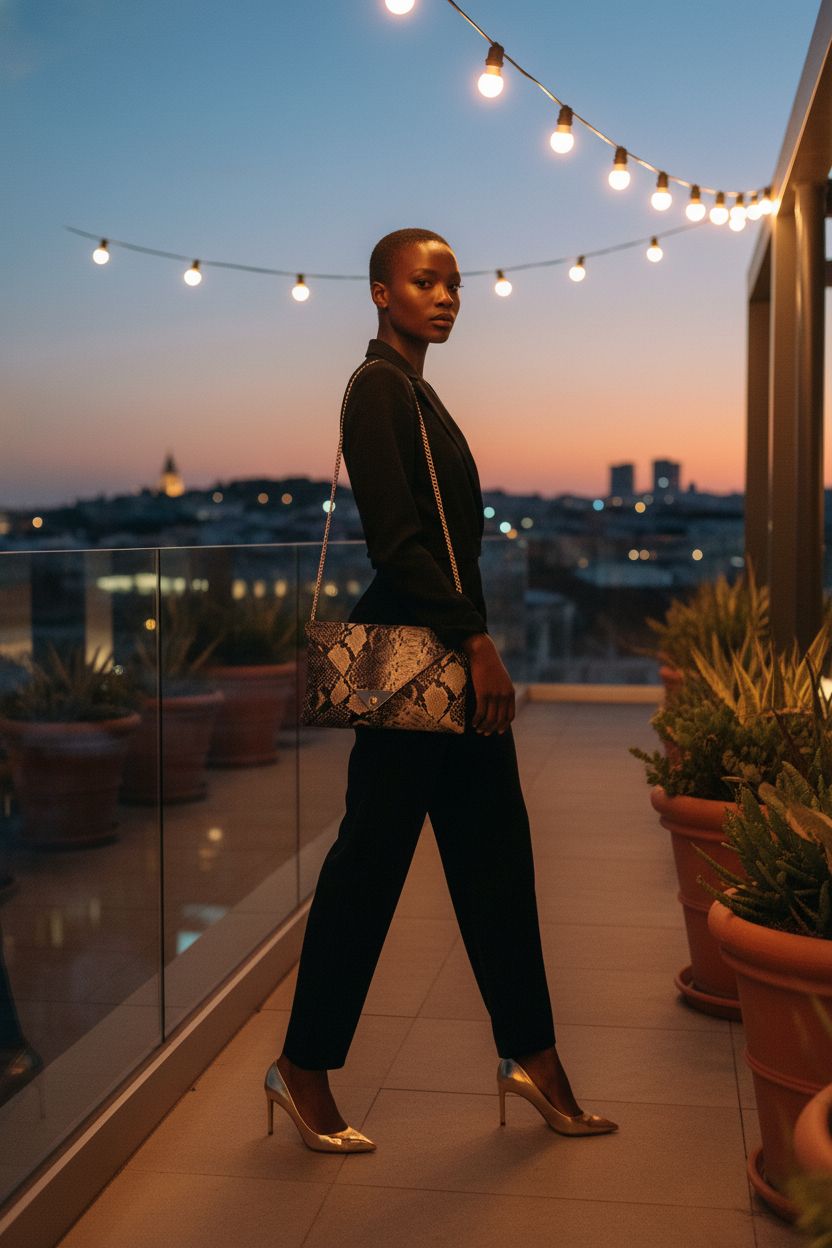 Newfancy snakeskin crossbody purse with gold chain against a chic backdrop.