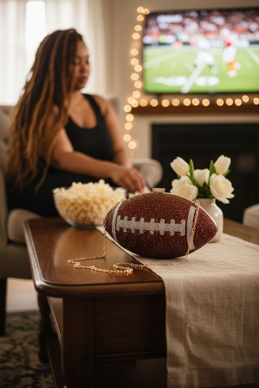 Cozy setting featuring Women's Sparkly Football Handbag on a table with popcorn, enhancing game day vibes
