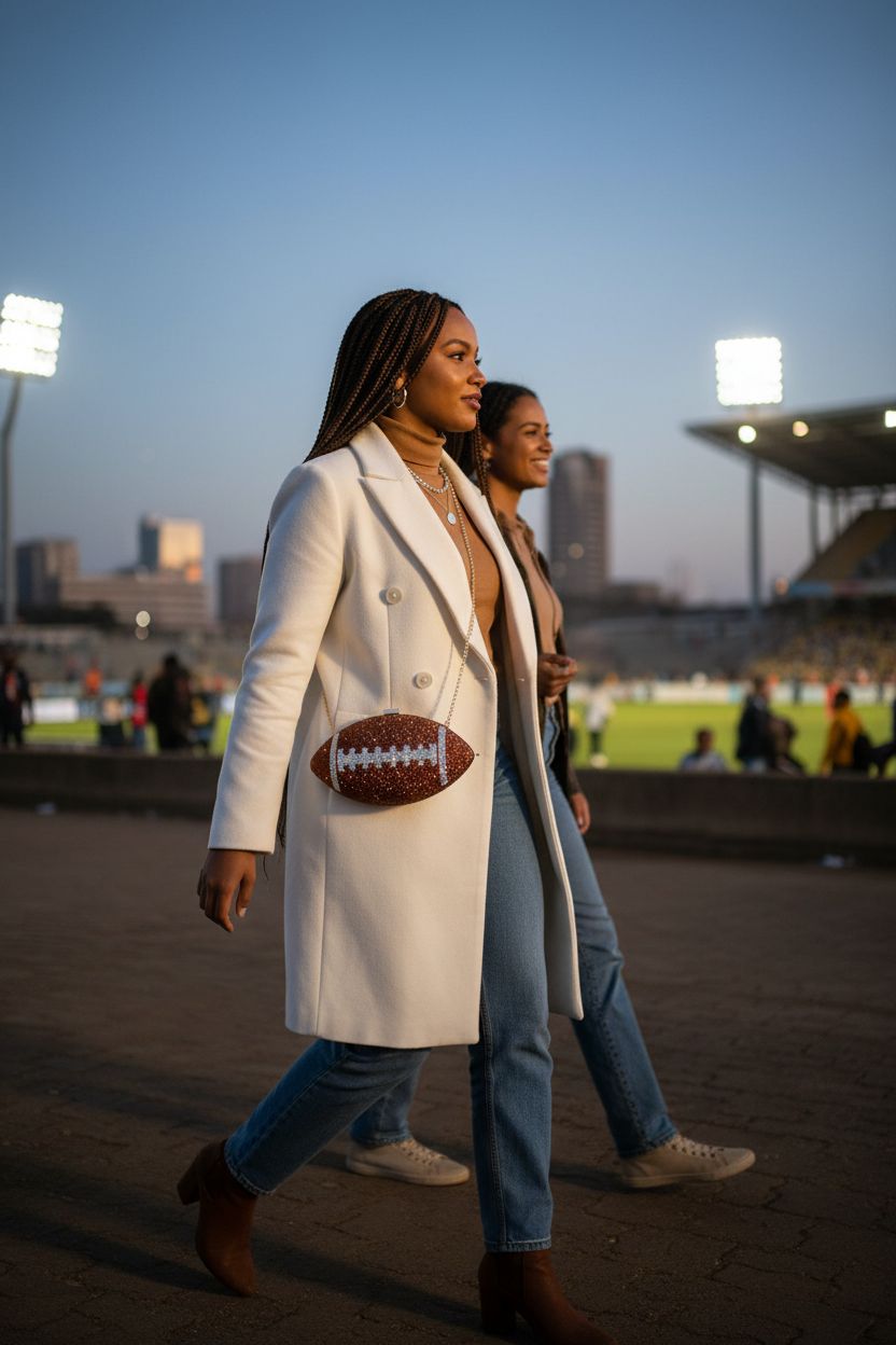Chic Women's Sparkly Football Handbag swinging crossbody with rhinestones against a stylish outfit