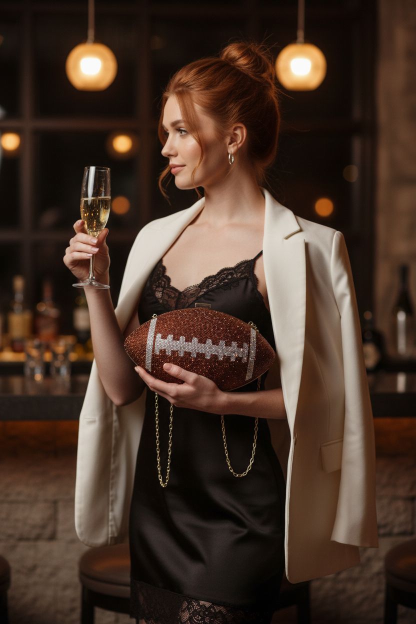 Elegant Women's Sparkly Football Handbag displayed as a clutch with a black satin ensemble in a lounge