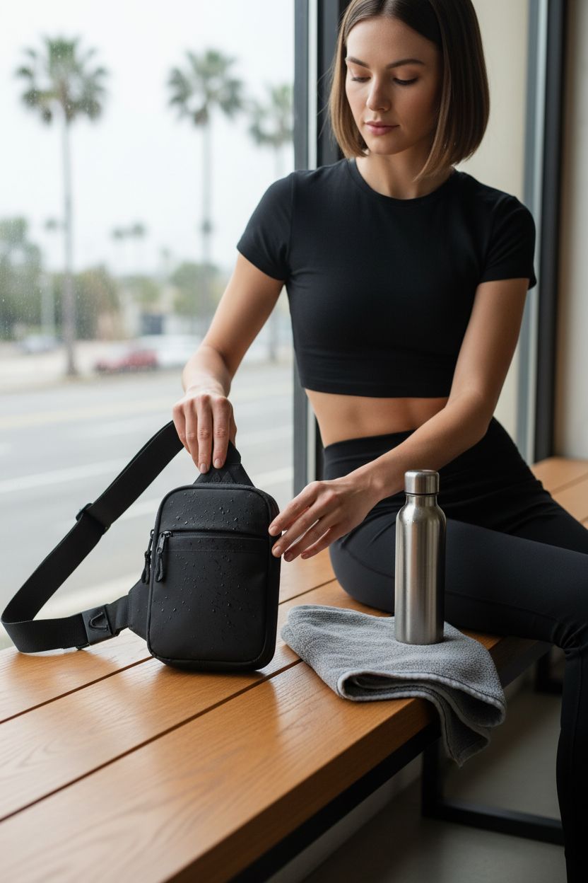 Simptech water-resistant crossbody bag on a gym bench, showcasing its materials.