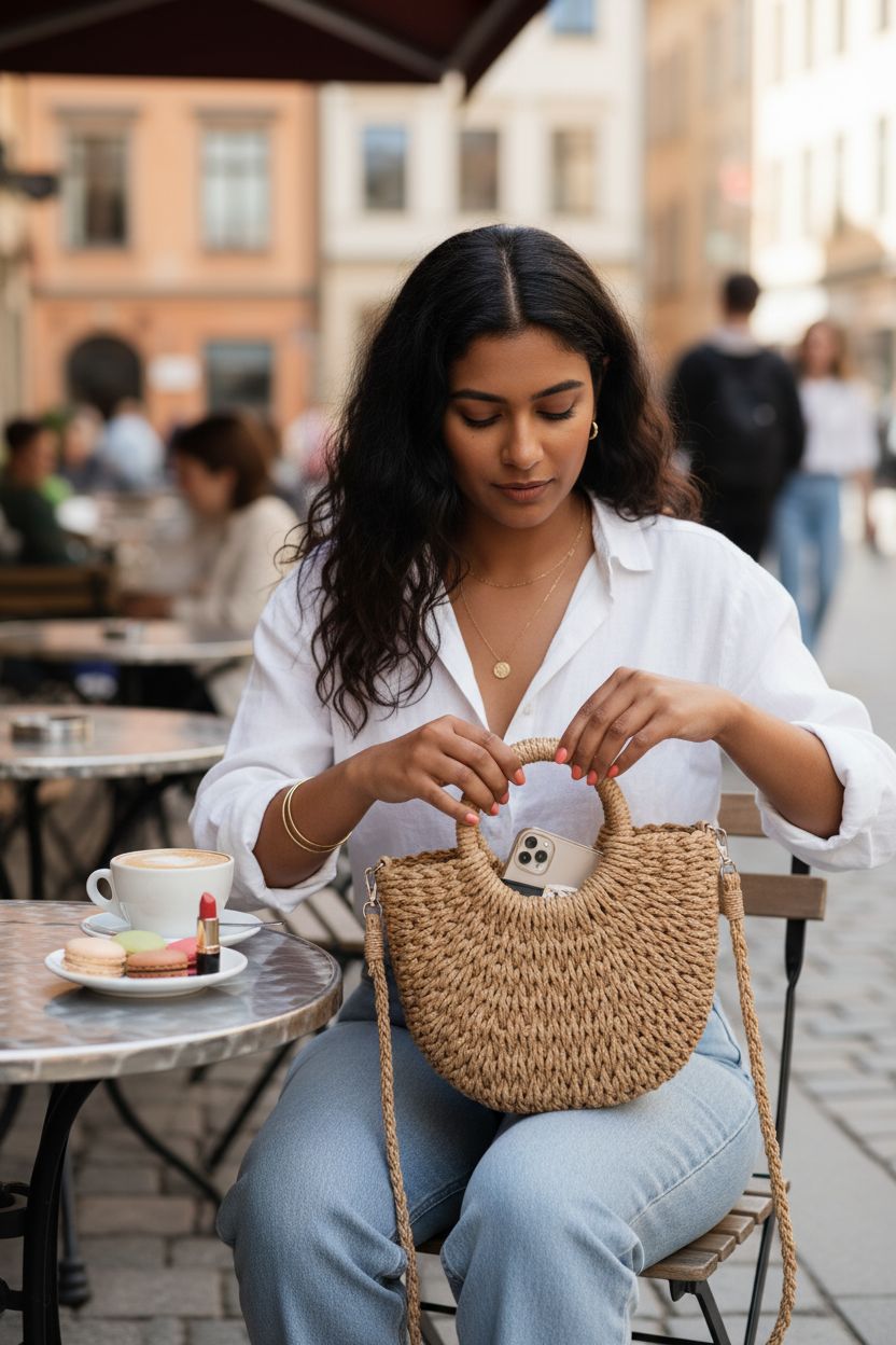 Youjaree handmade woven shoulder bag on a café table, perfect for casual spring days.