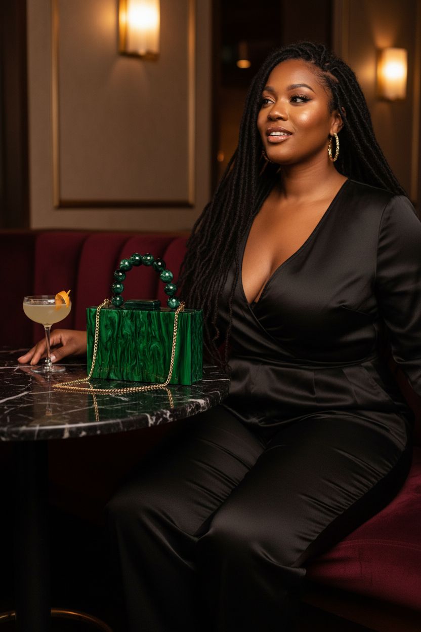 Jessie emerald acrylic bag resting on a marble bar in a cozy speakeasy setting.