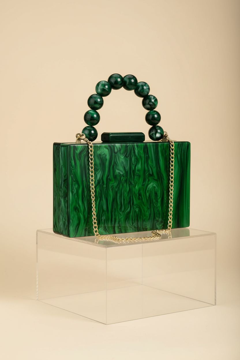 Jessie emerald acrylic purse showcased on a gradient background, highlighting its marbling.