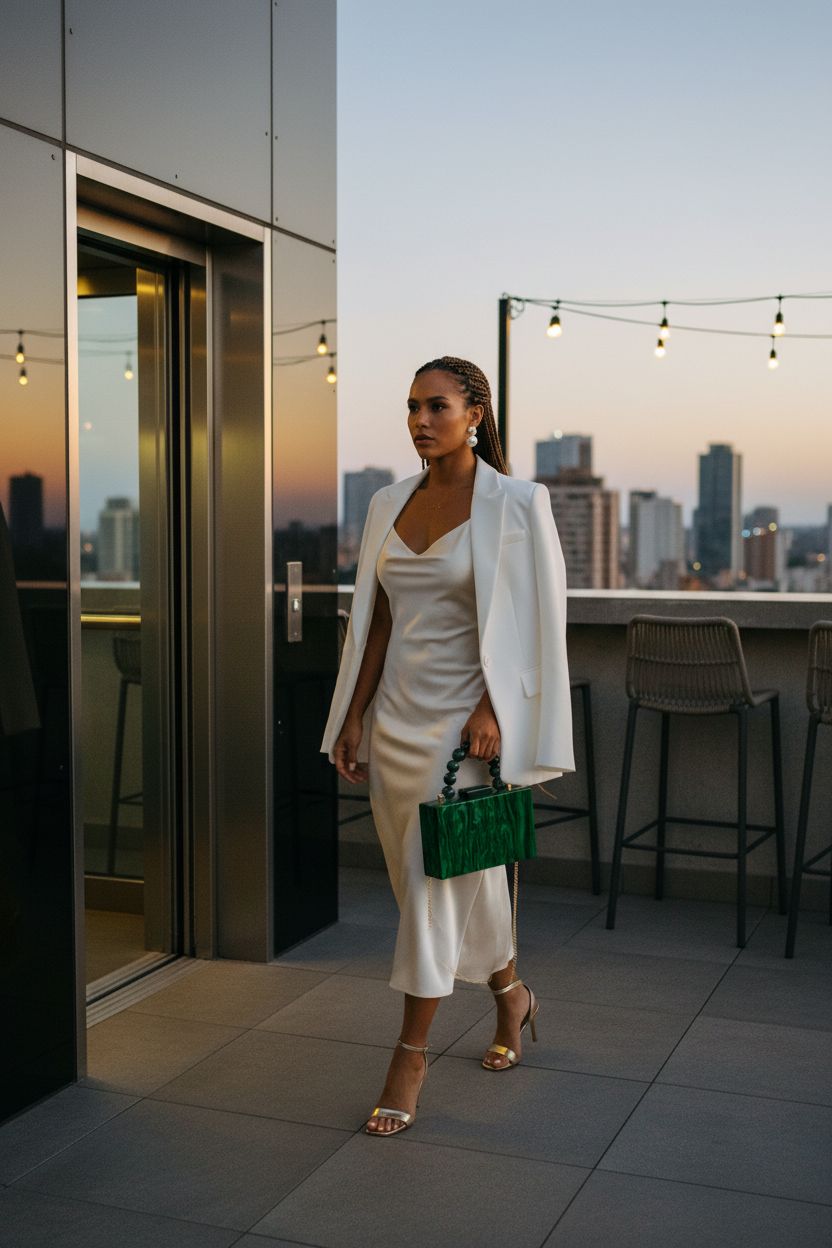 Emerald acrylic clutch bag by Jessie, styled with an elegant outfit on a rooftop.