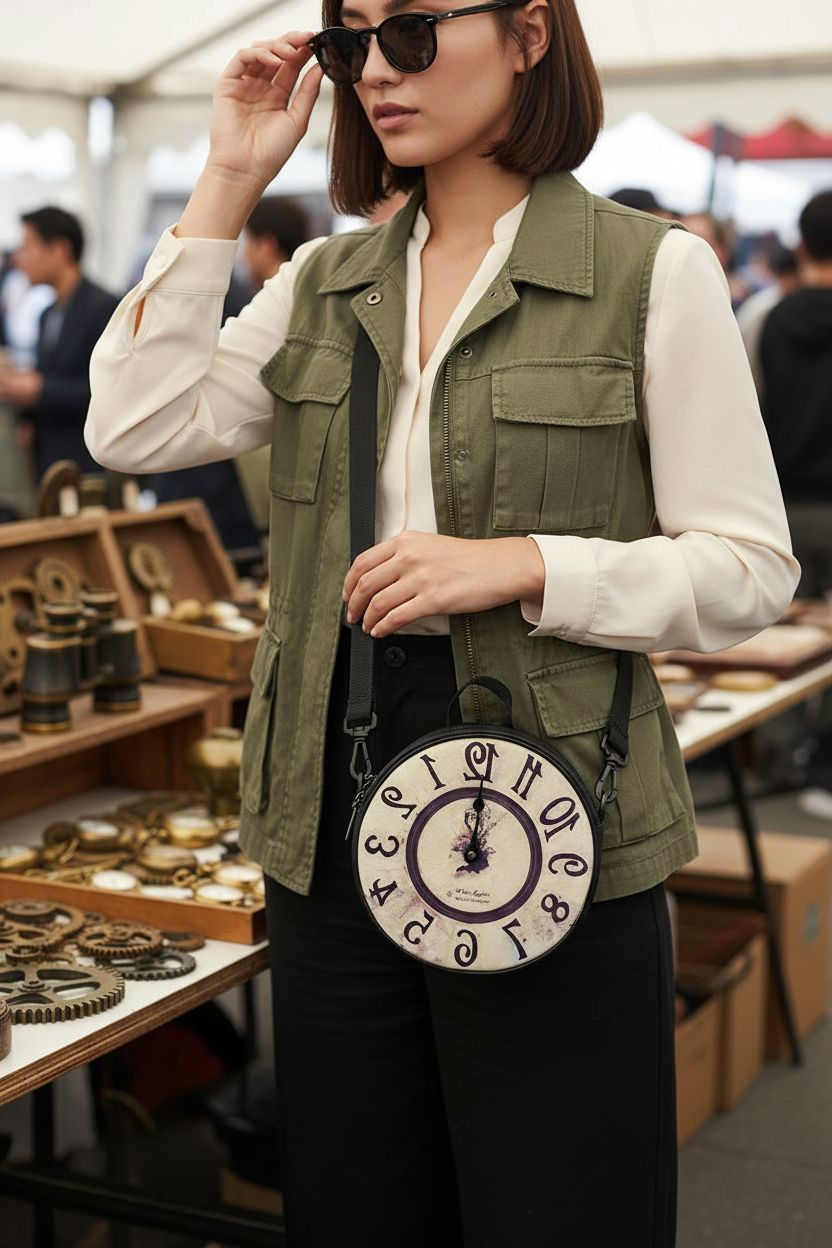 Sannovo steampunk clock print crossbody bag among vintage gears at a market