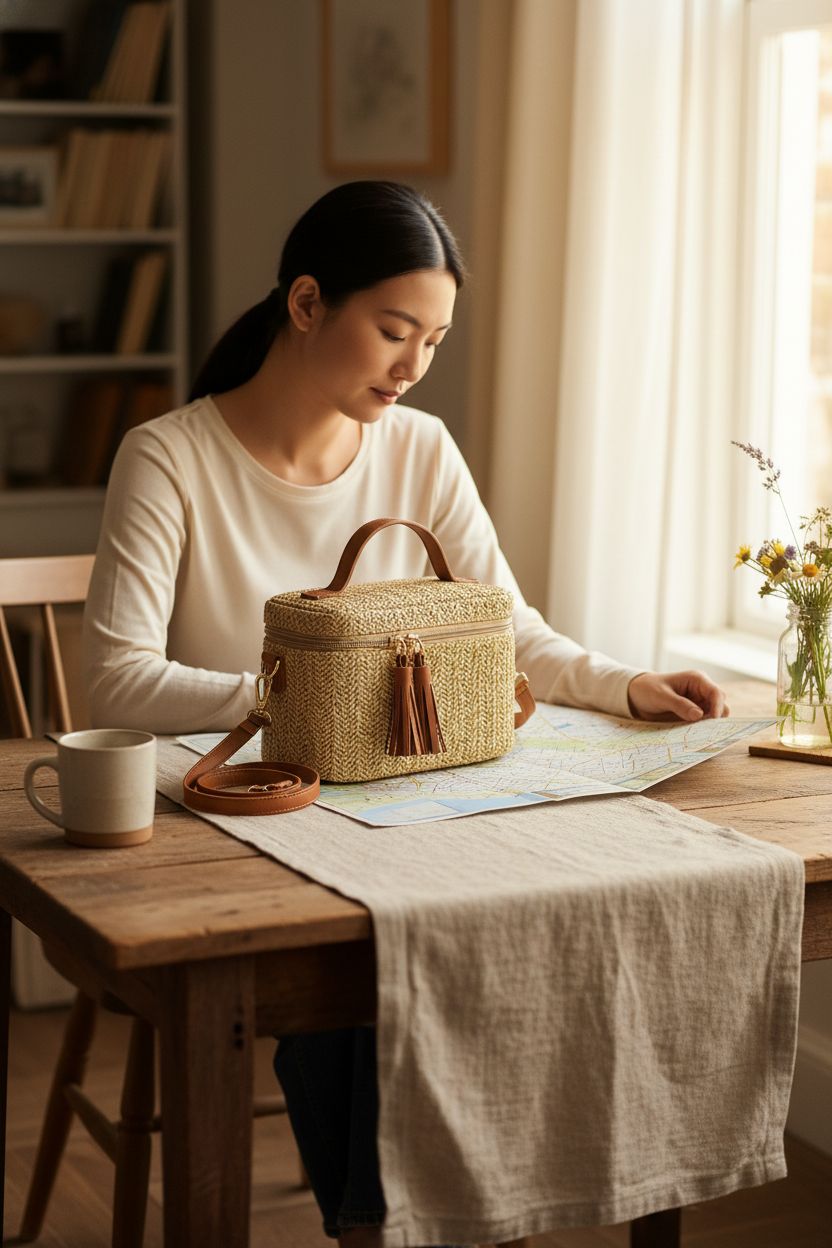NEWBELLA straw bag resting in cozy home nook, ideal for planning outings