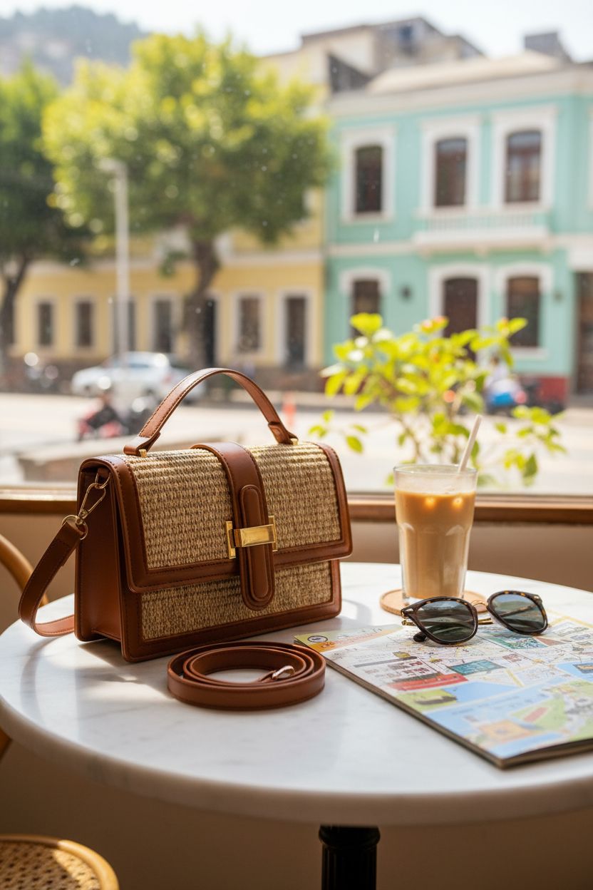 KKXIU straw crossbody bag displayed on a marble table with coffee and sunglasses.